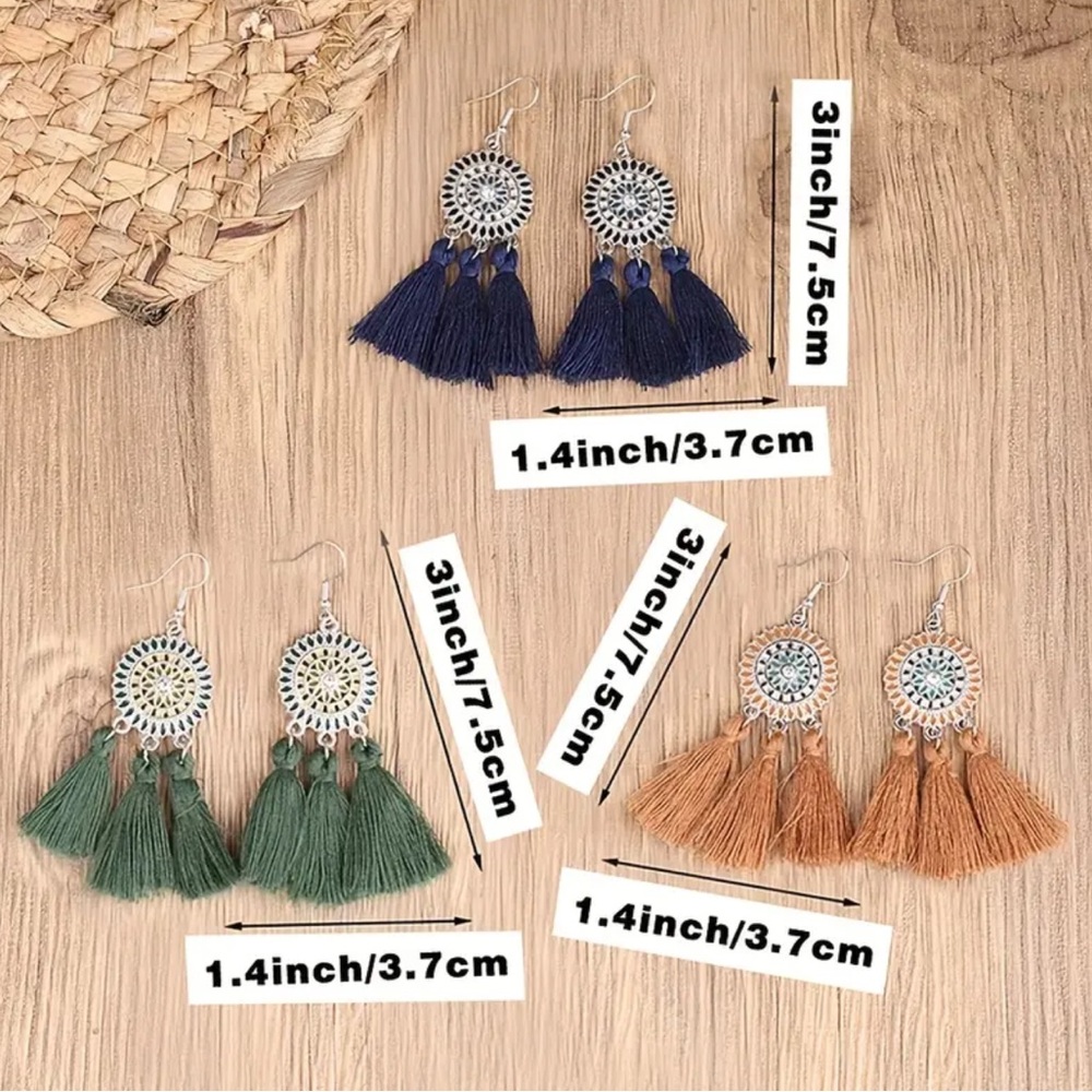 NEW| 3pairs Boho Flower Fringe Pendant Earrings - Picture 6 of 6
